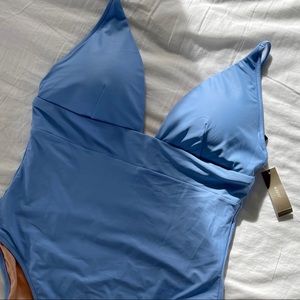 NWT JCrew Deep V-neck French one-piece bathing suit - pale seascape- Long Torso